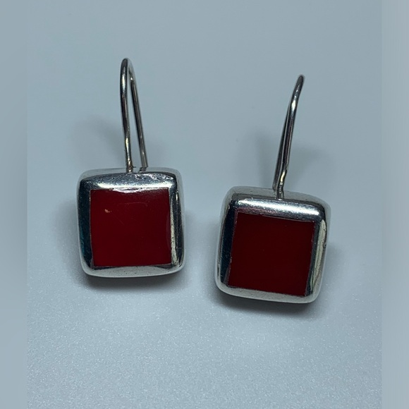 Silpada Rare HTF Sterling Silver & Red Stone Square French Wire Drop Earrings - Picture 9 of 12